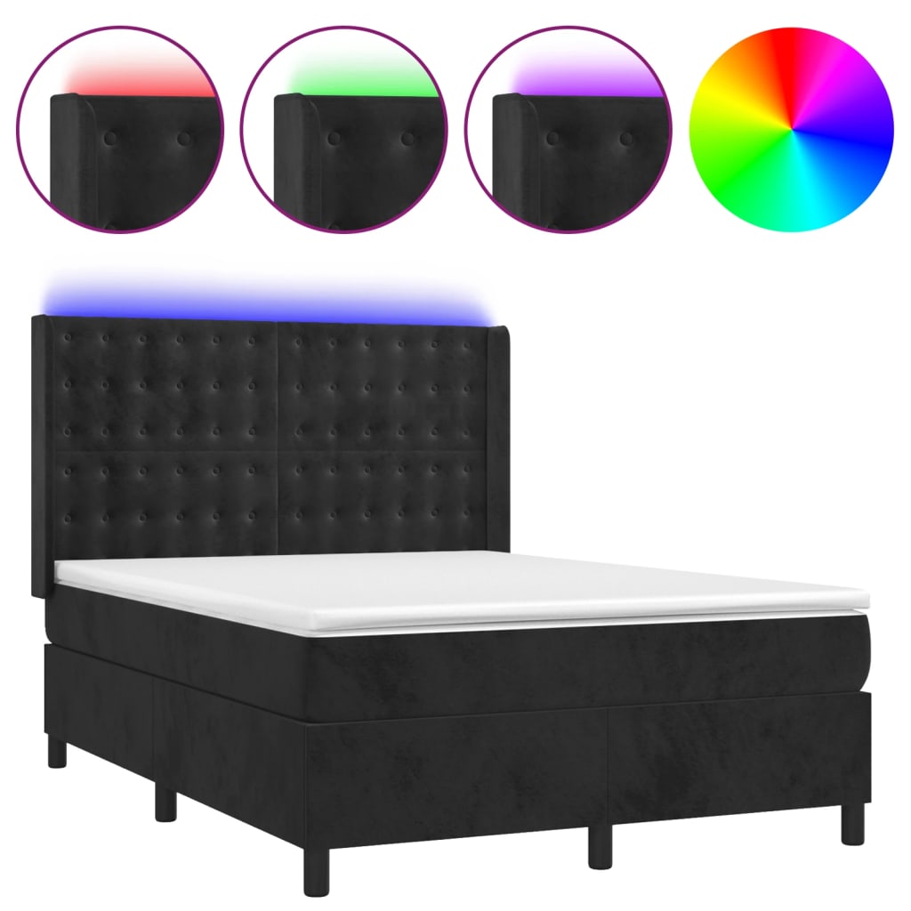 fekete bársony rugós és LED-es ágy matraccal 140x190 cm