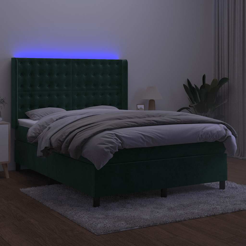 sötétzöld bársony rugós és LED-es ágy matraccal 140x190 cm