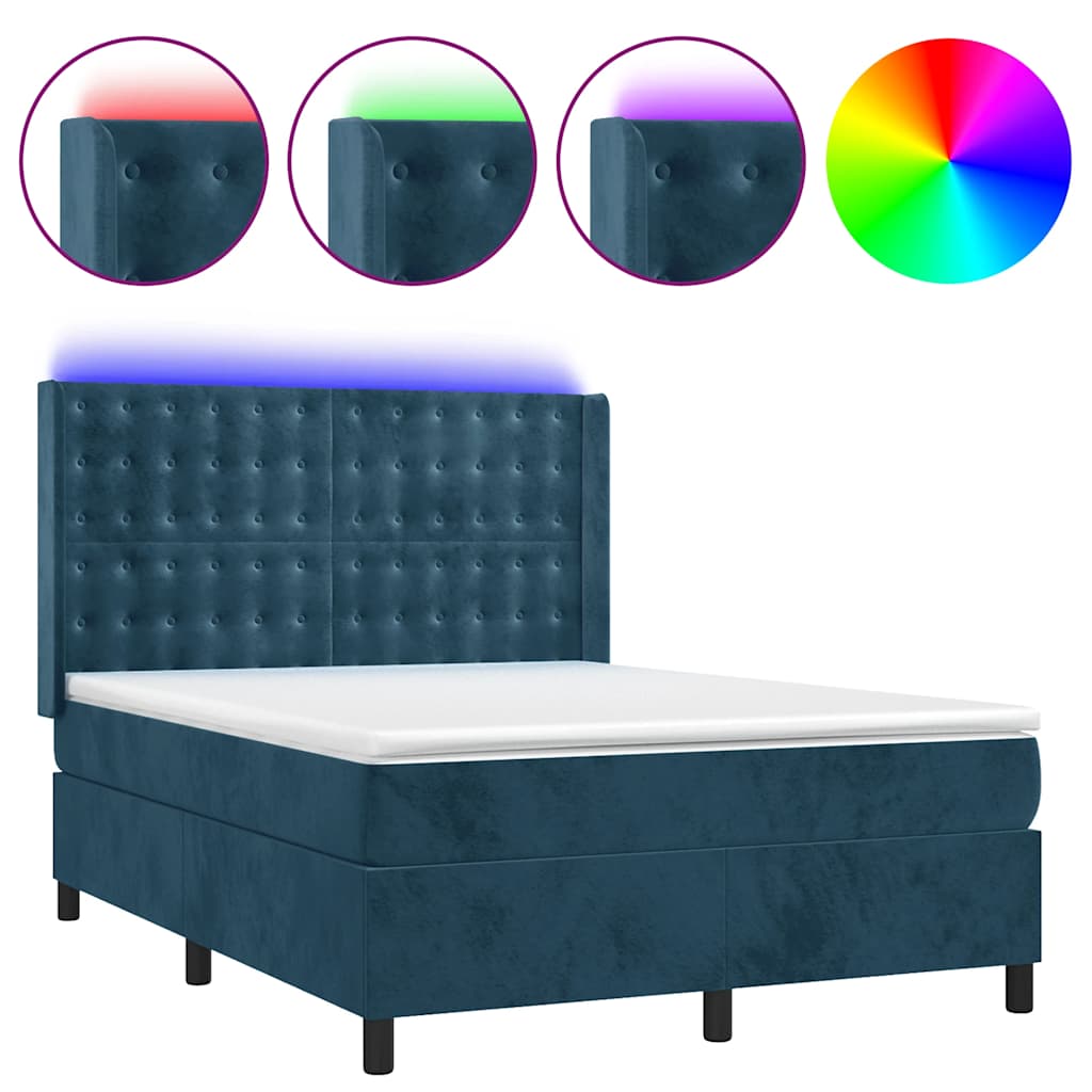 sötétkék bársony rugós és LED-es ágy matraccal 140x190 cm