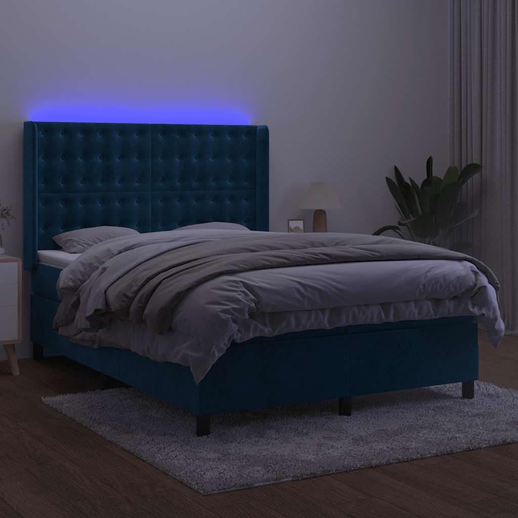 sötétkék bársony rugós és LED-es ágy matraccal 140x190 cm