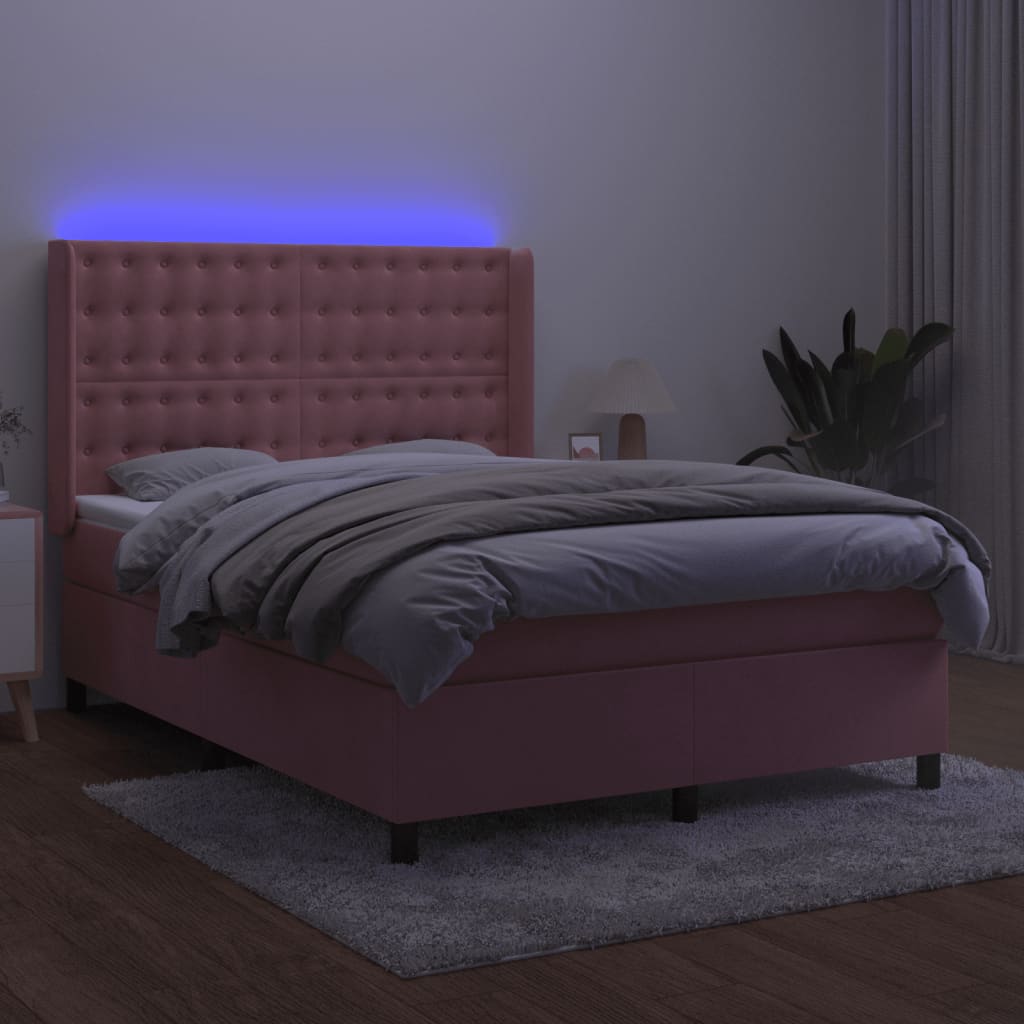 rózsaszín bársony rugós és LED-es ágy matraccal 140x190 cm