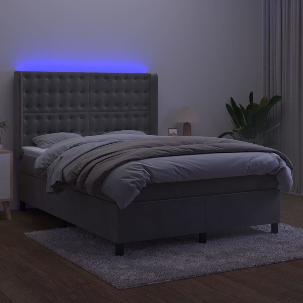 világosszürke bársony rugós és LED-es ágy matraccal 140x200 cm
