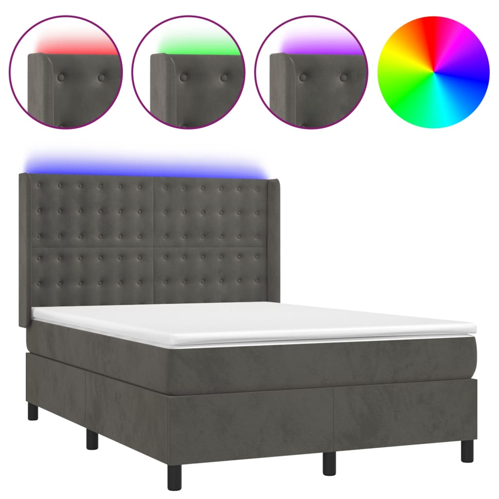 sötétszürke bársony rugós és LED-es ágy matraccal 140x200 cm