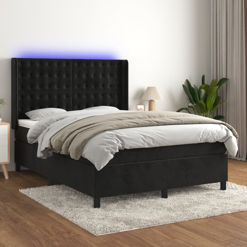 fekete bársony rugós és LED-es ágy matraccal 140x200 cm