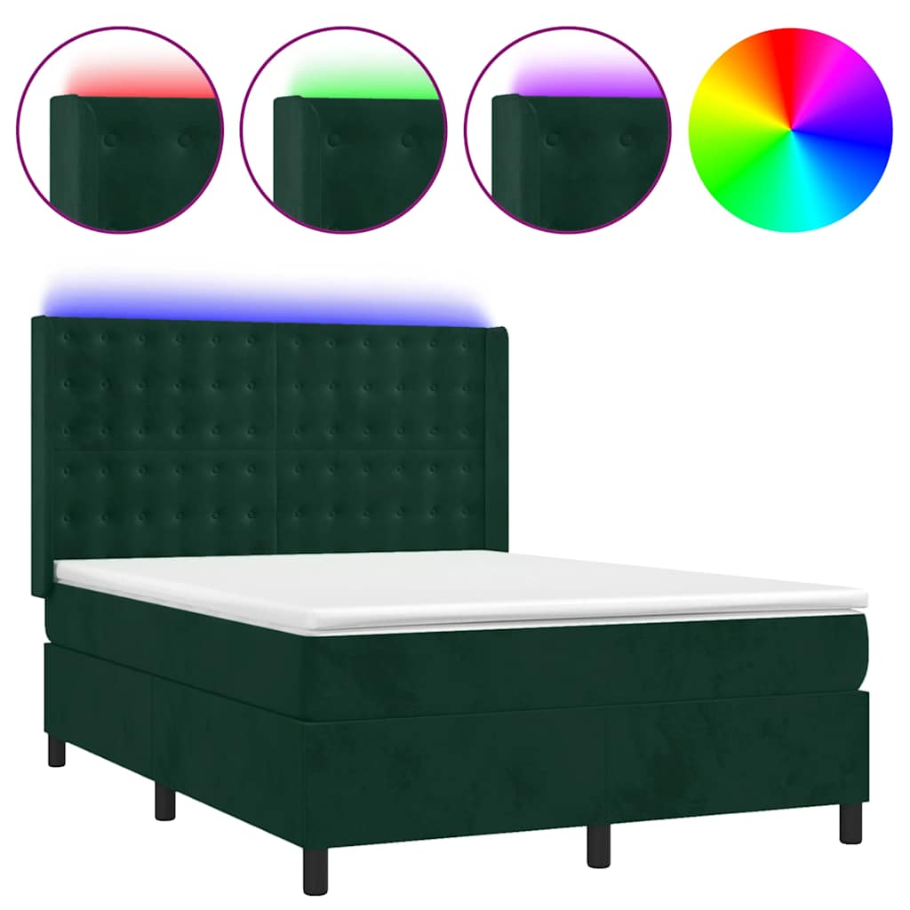 sötétzöld bársony rugós és LED-es ágy matraccal 140x200 cm