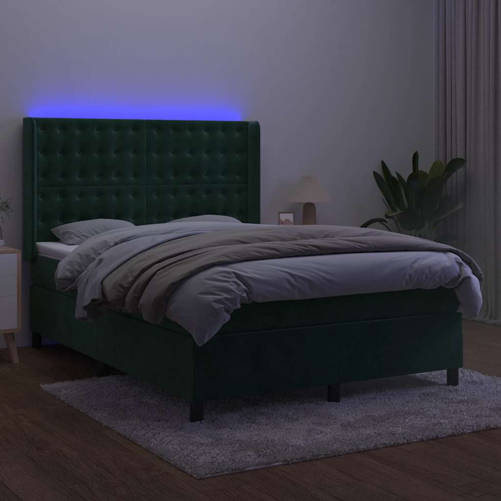 sötétzöld bársony rugós és LED-es ágy matraccal 140x200 cm