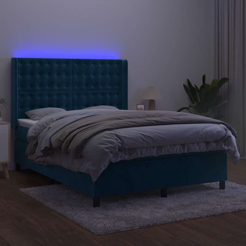 sötétkék bársony rugós és LED-es ágy matraccal 140x200 cm