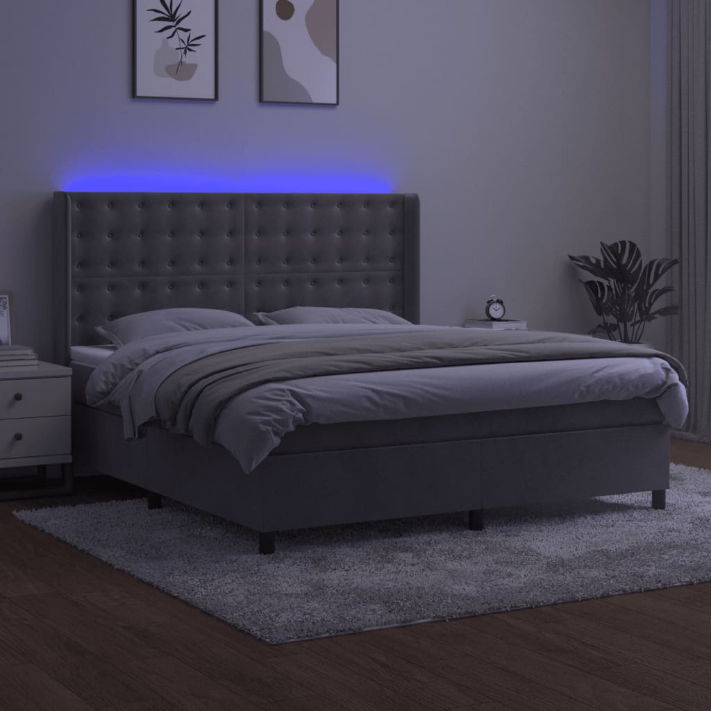 világosszürke bársony rugós és LED-es ágy matraccal 160x200 cm