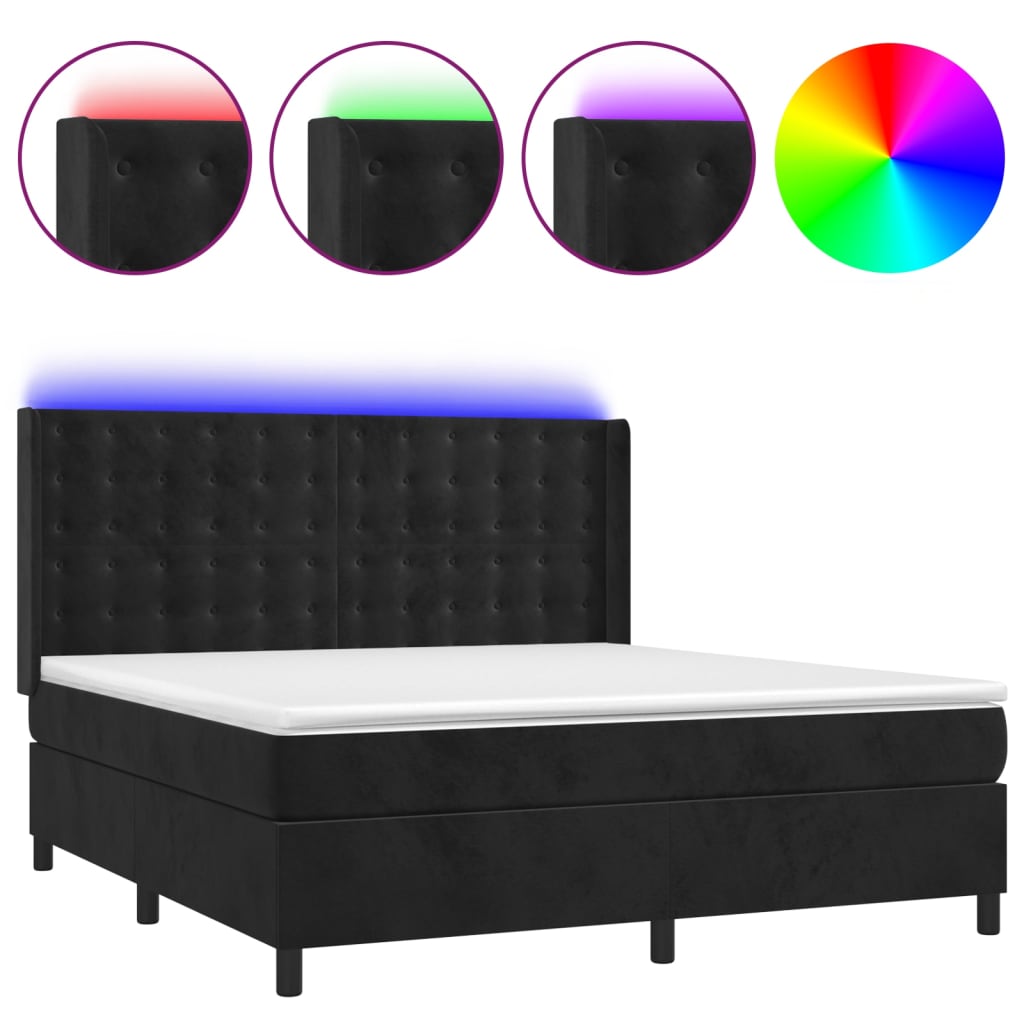 fekete bársony rugós és LED-es ágy matraccal 160x200 cm