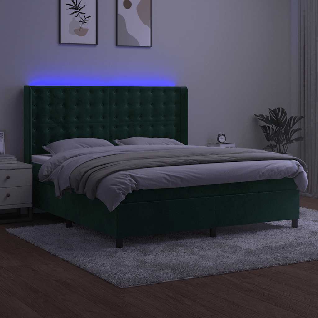 sötétzöld bársony rugós és LED-es ágy matraccal 160x200 cm