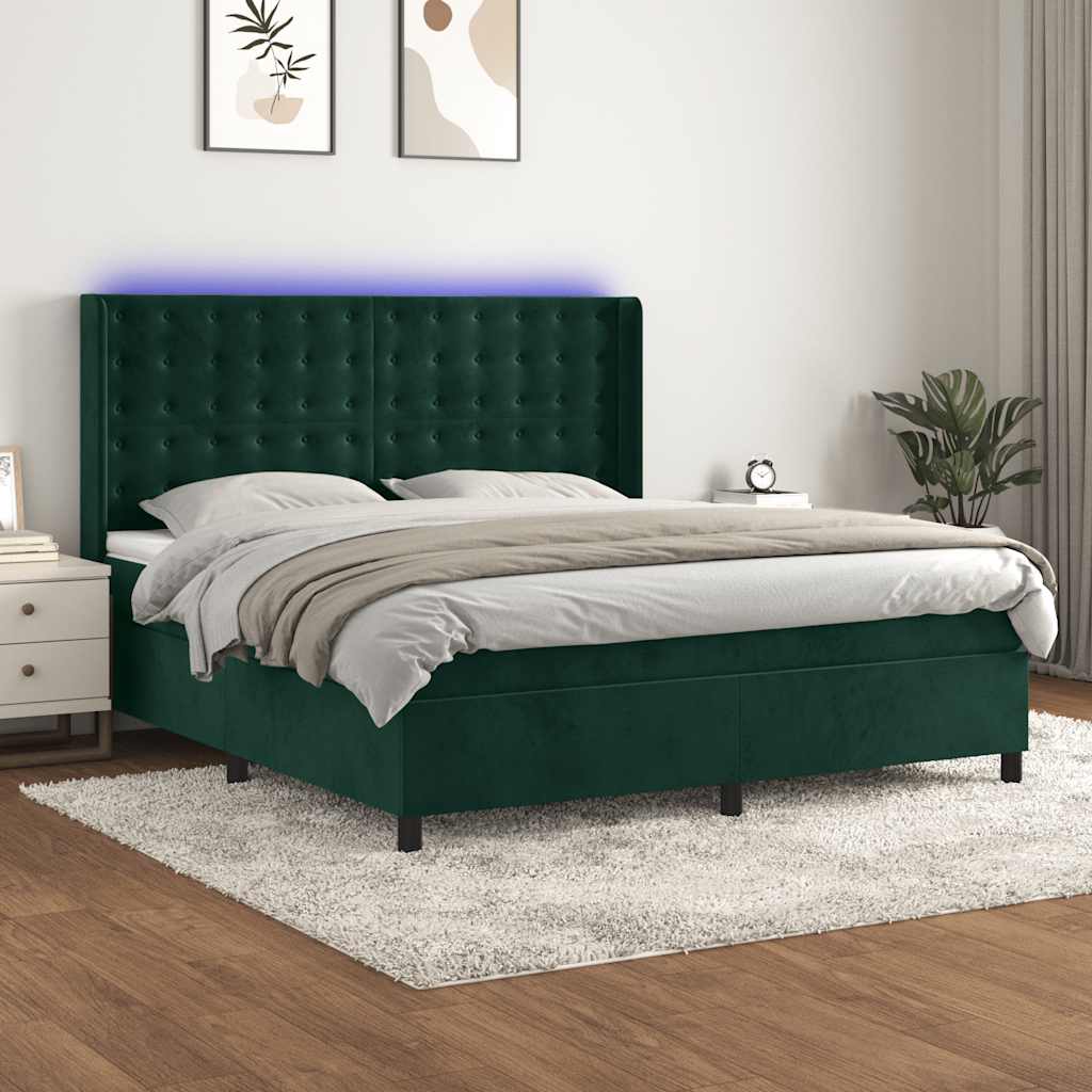 sötétzöld bársony rugós és LED-es ágy matraccal 160x200 cm