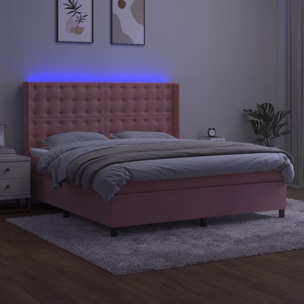 rózsaszín bársony rugós és LED-es ágy matraccal 160x200 cm