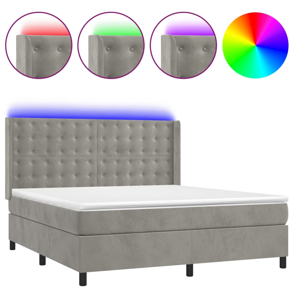 világosszürke bársony rugós és LED-es ágy matraccal 180x200 cm