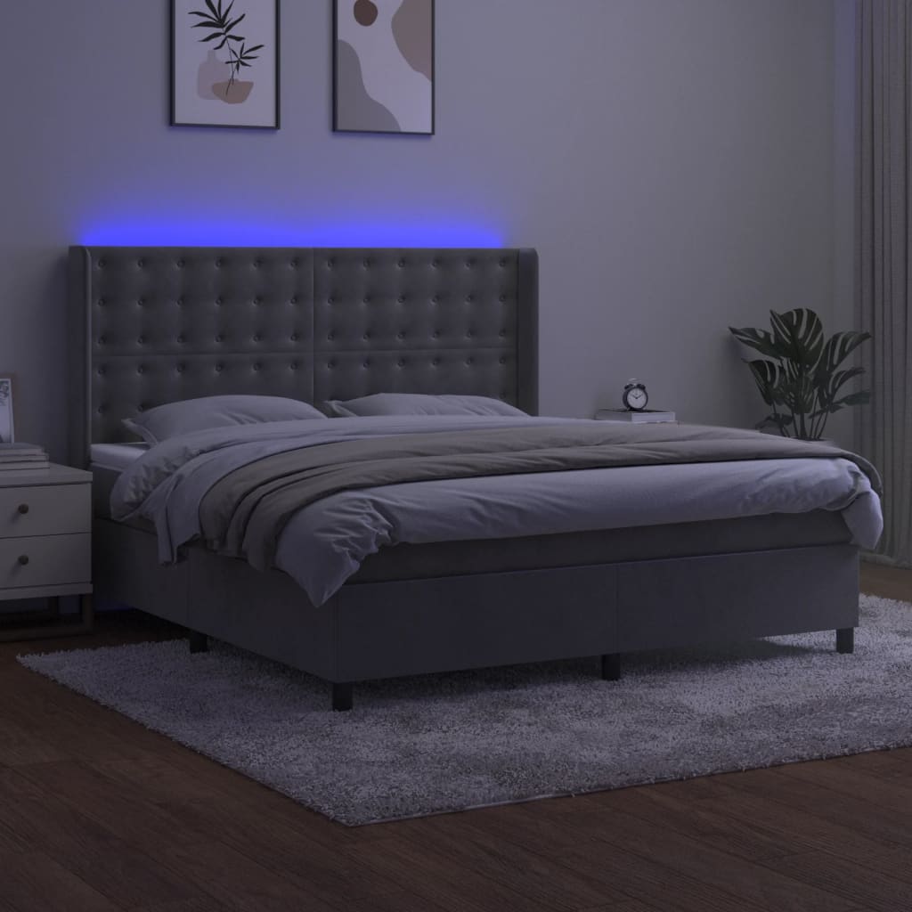 világosszürke bársony rugós és LED-es ágy matraccal 180x200 cm