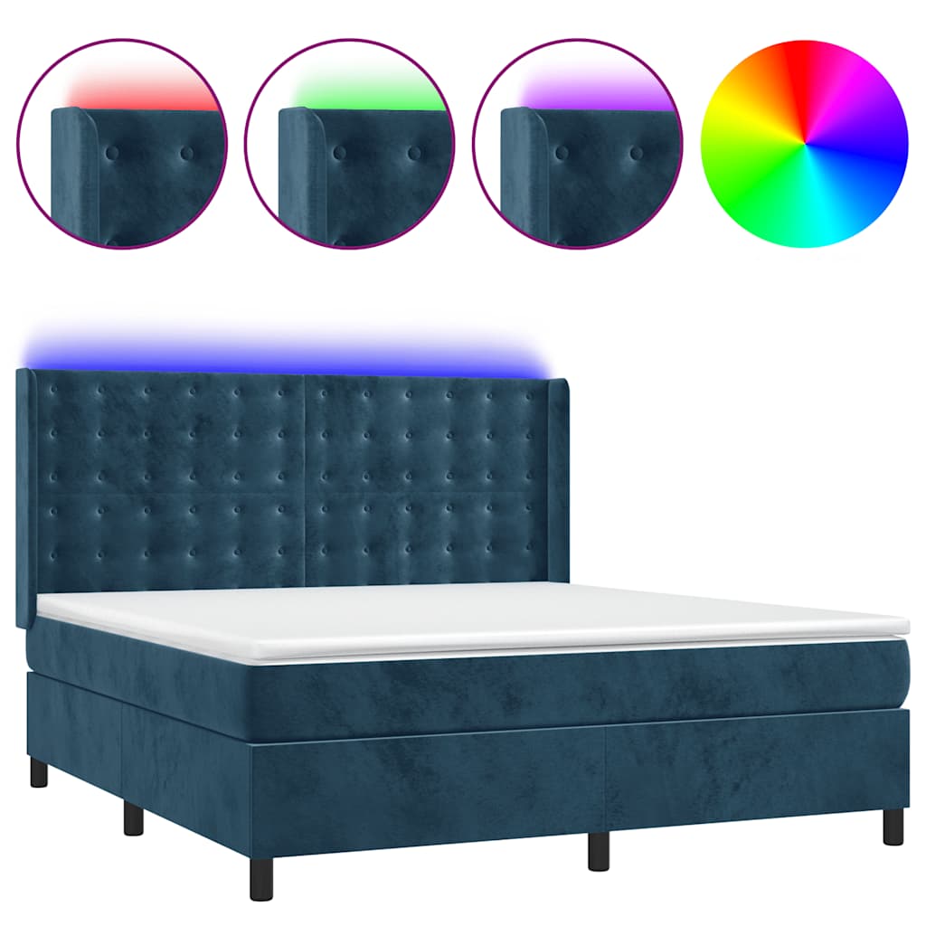 sötétkék bársony rugós és LED-es ágy matraccal 180x200 cm