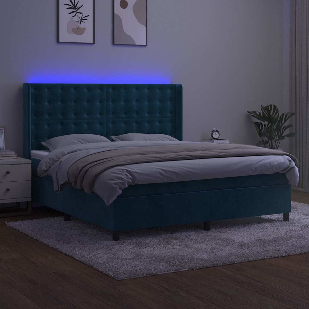 sötétkék bársony rugós és LED-es ágy matraccal 180x200 cm