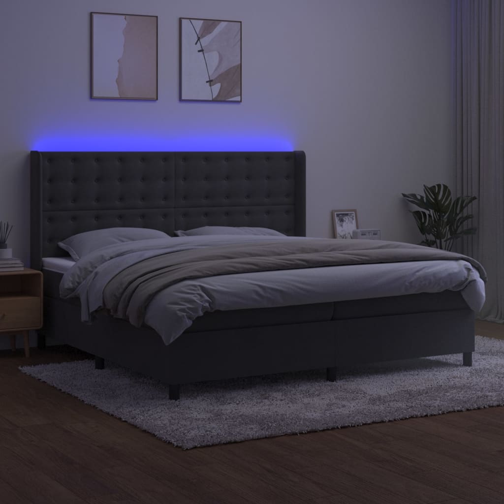 sötétszürke bársony rugós és LED-es ágy matraccal 200x200 cm