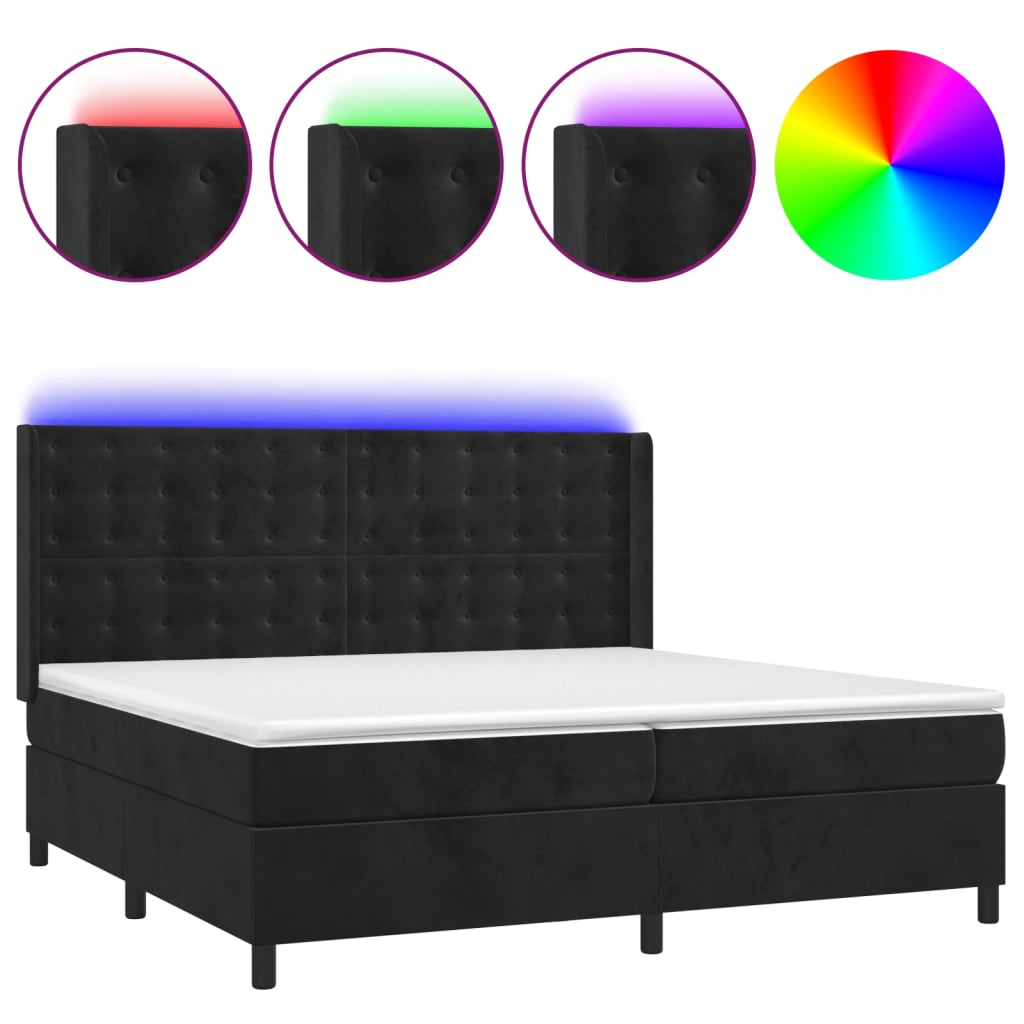 fekete bársony rugós és LED-es ágy matraccal 200x200 cm