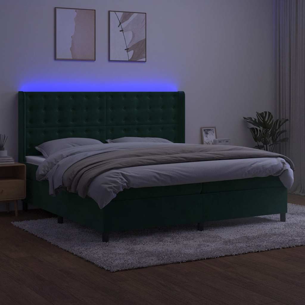 sötétzöld bársony rugós és LED-es ágy matraccal 200x200 cm