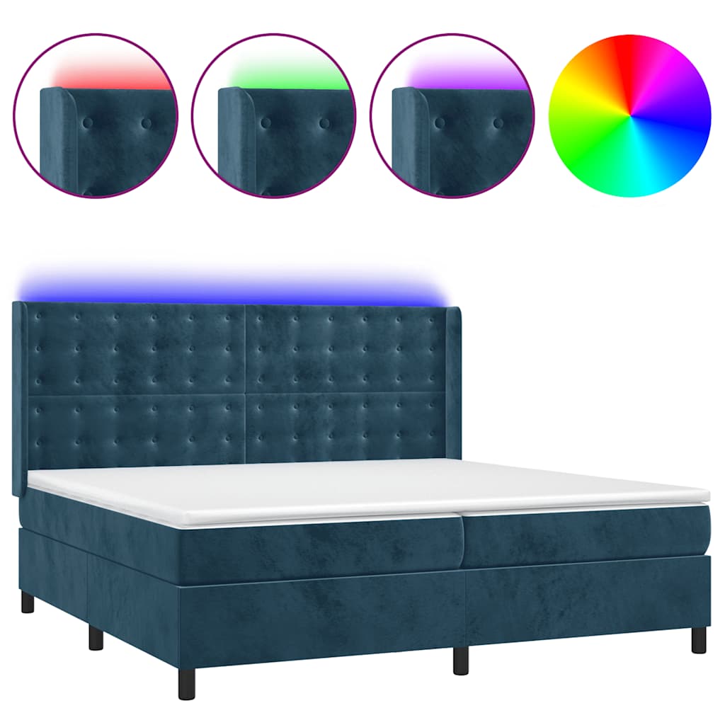 sötétkék bársony rugós és LED-es ágy matraccal 200x200 cm