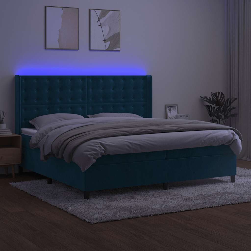 sötétkék bársony rugós és LED-es ágy matraccal 200x200 cm