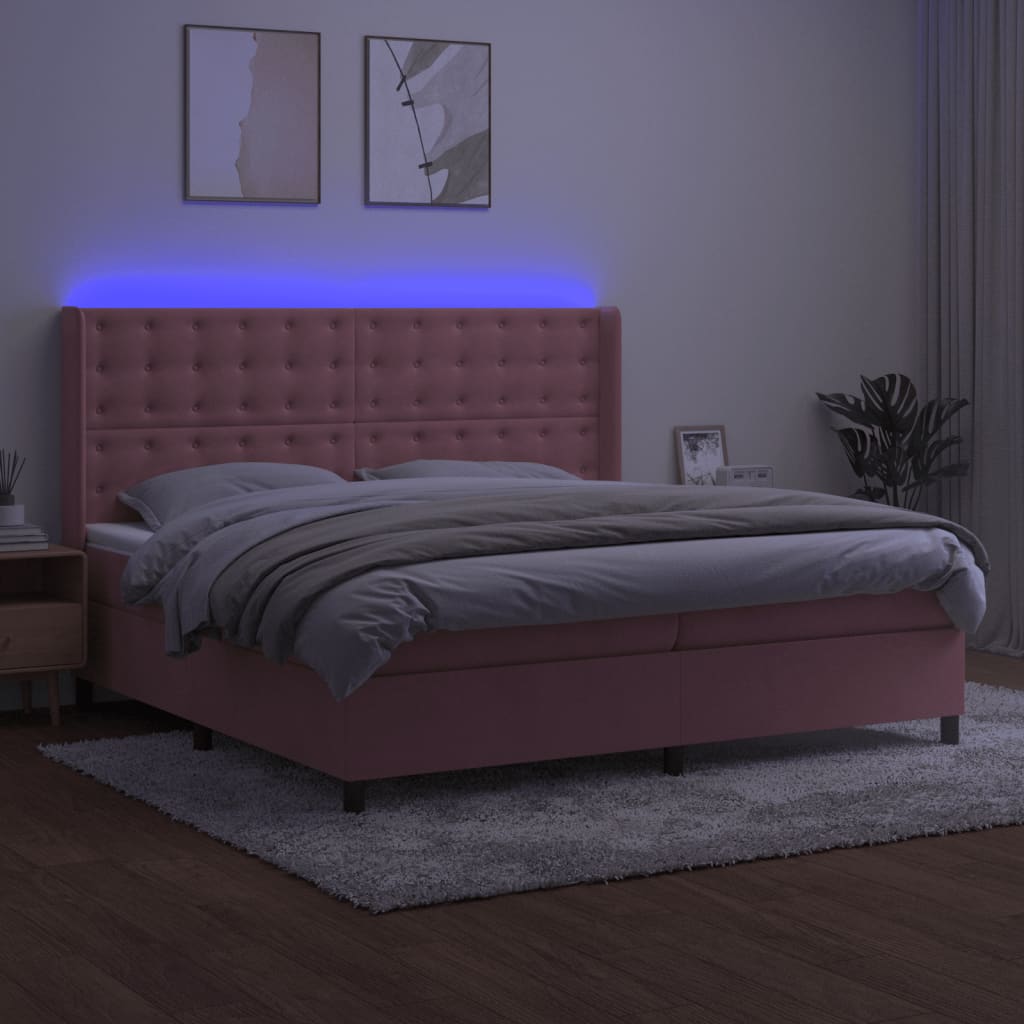 rózsaszín bársony rugós és LED-es ágy matraccal 200x200 cm