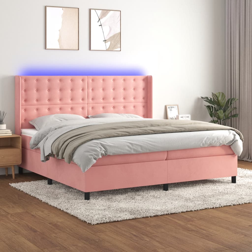rózsaszín bársony rugós és LED-es ágy matraccal 200x200 cm