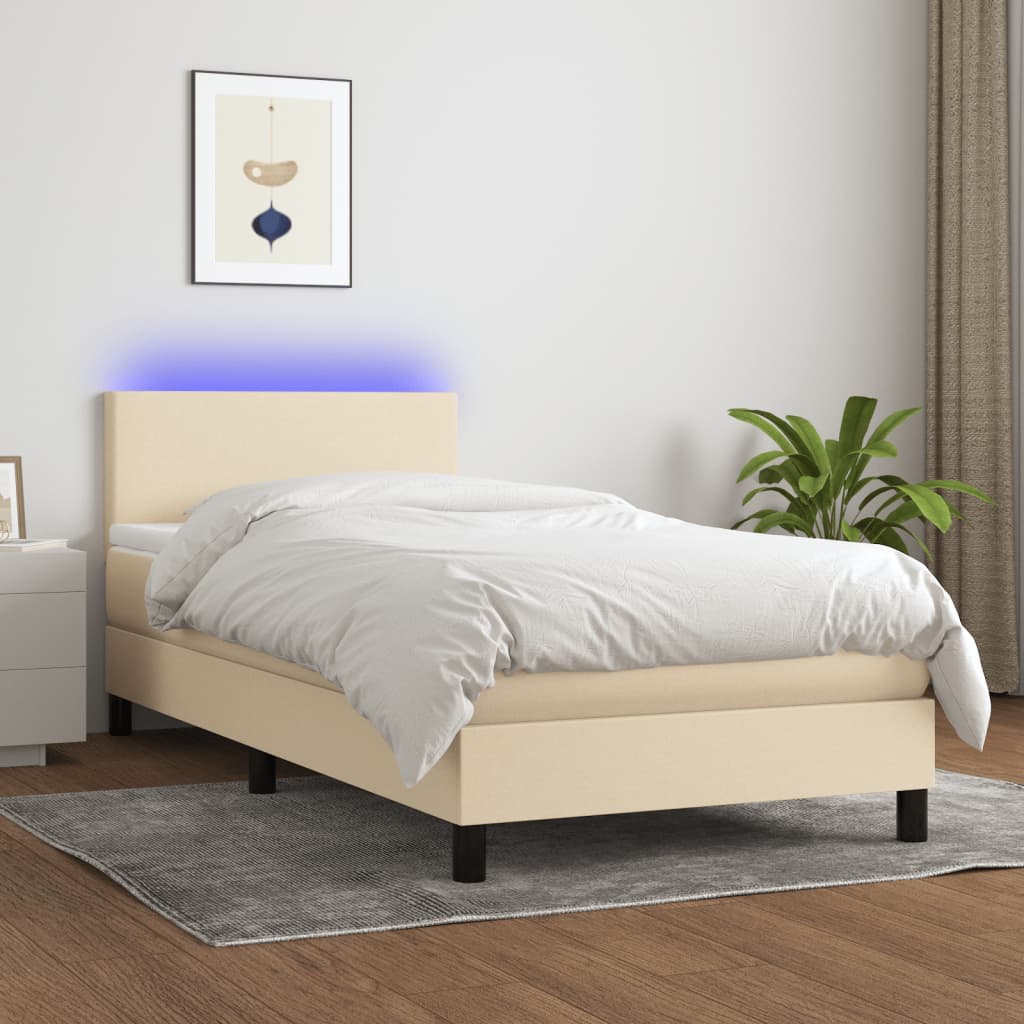 krémszínű szövet rugós és LED-es ágy matraccal 90x190 cm