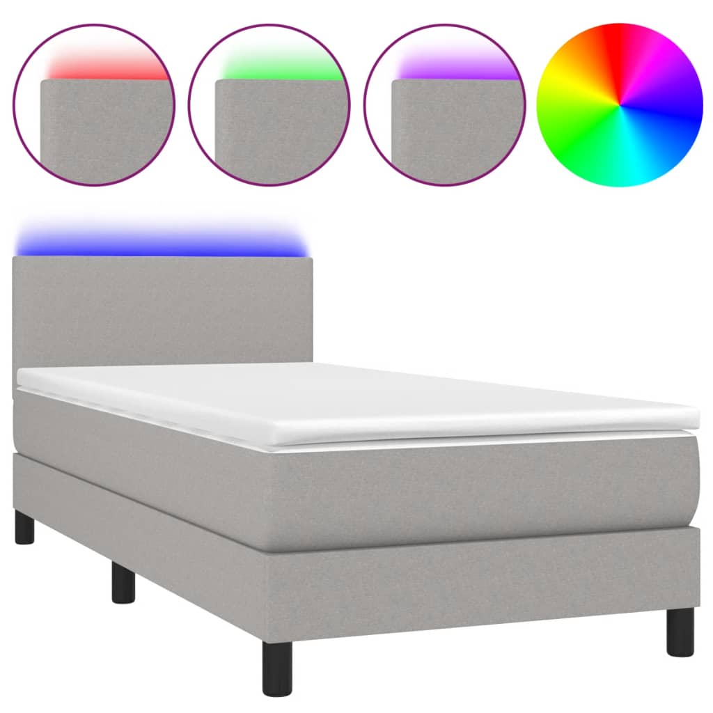 világosszürke szövet rugós és LED-es ágy matraccal 90x200 cm