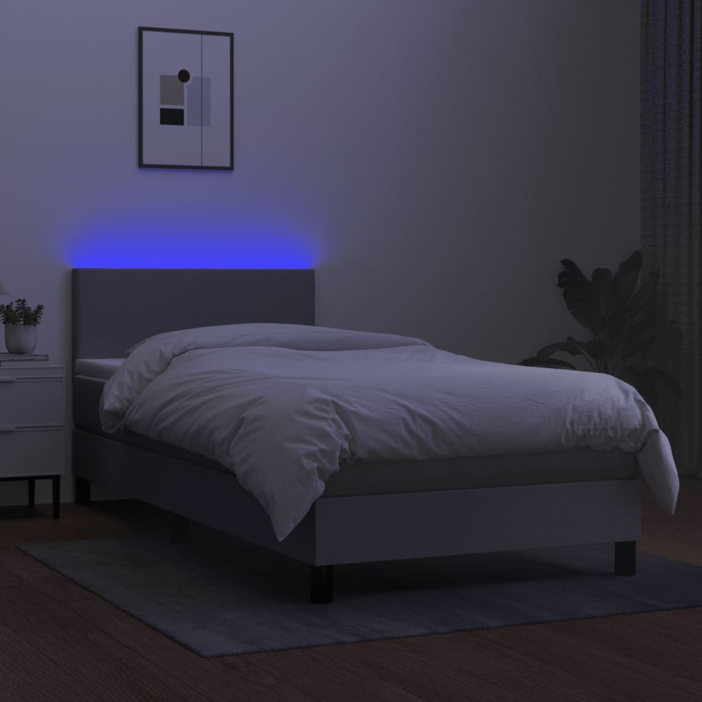 világosszürke szövet rugós és LED-es ágy matraccal 90x200 cm