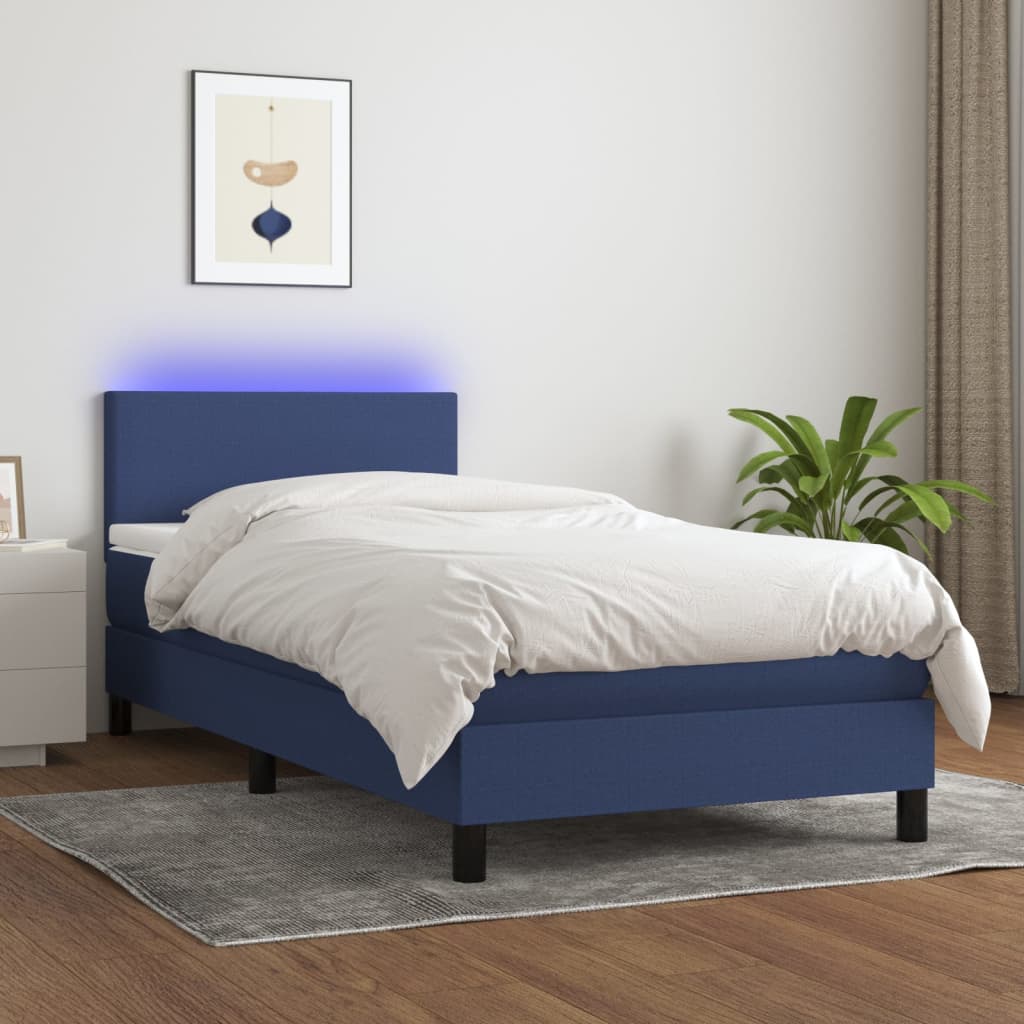 kék szövet rugós és LED-es ágy matraccal 90x200 cm