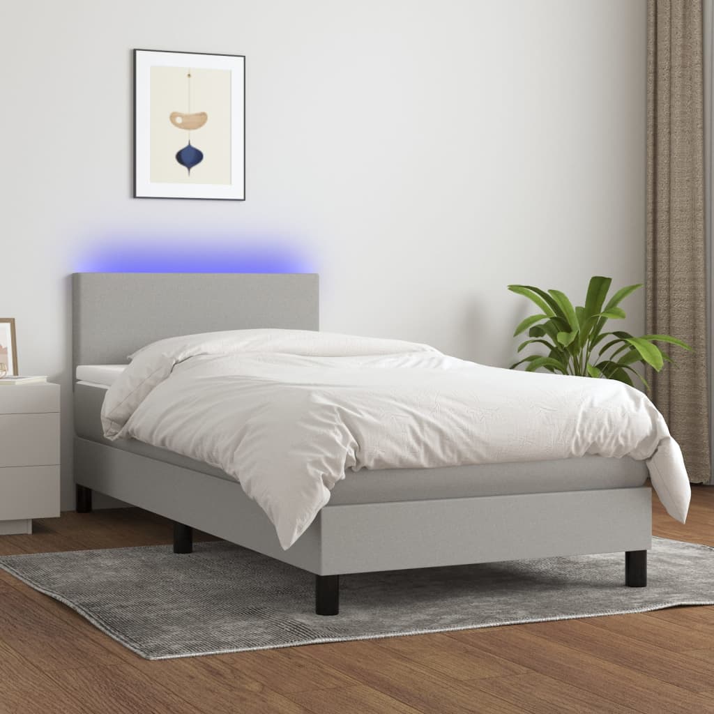 világosszürke szövet rugós és LED-es ágy matraccal 100x200 cm