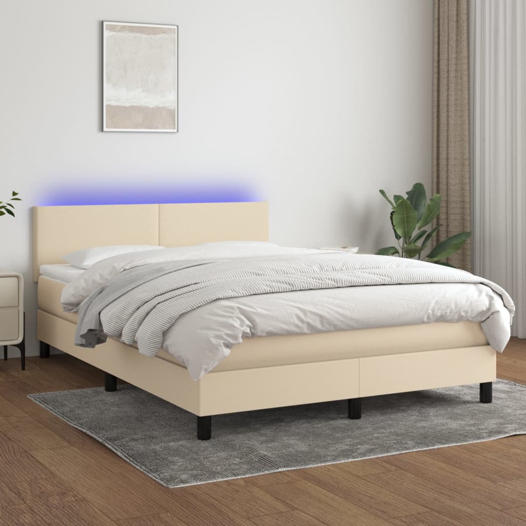 krémszínű szövet rugós és LED-es ágy matraccal 140x200 cm