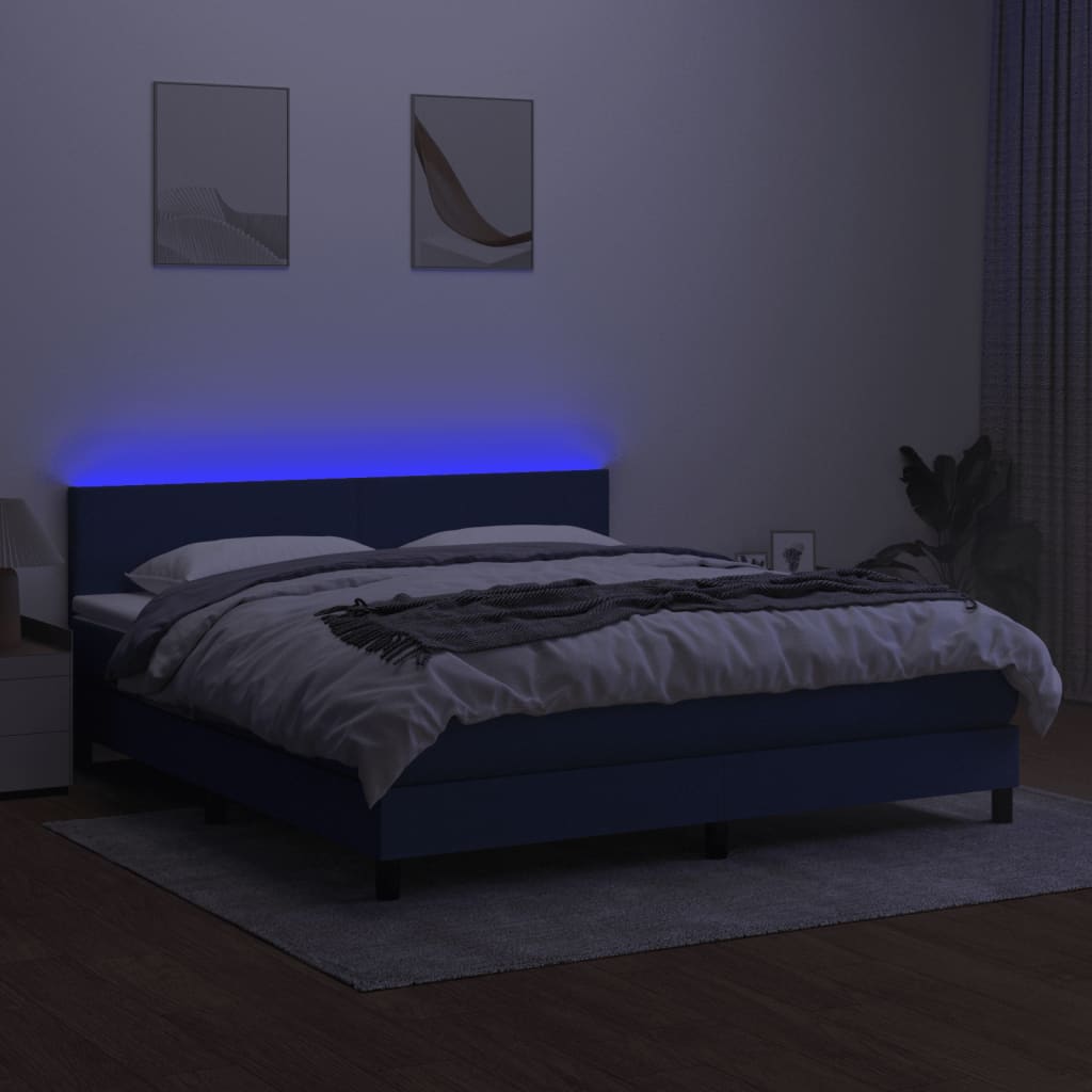 kék szövet rugós és LED-es ágy matraccal 160x200 cm