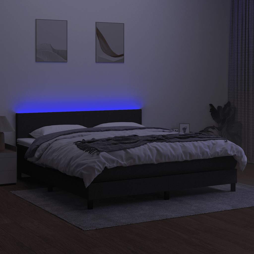fekete szövet rugós és LED-es ágy matraccal 180 x 200 cm