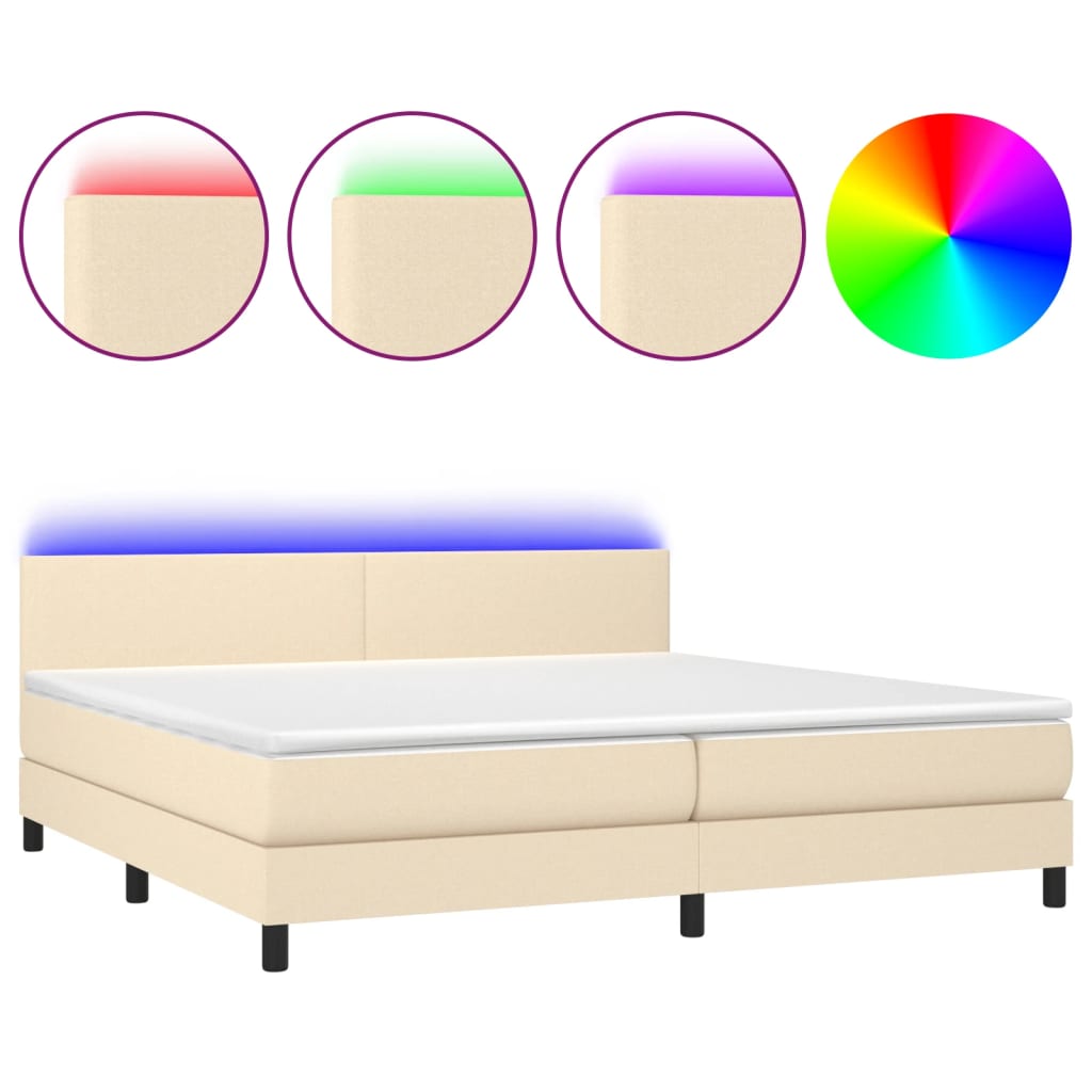 krémszínű szövet rugós és LED-es ágy matraccal 200 x 200 cm