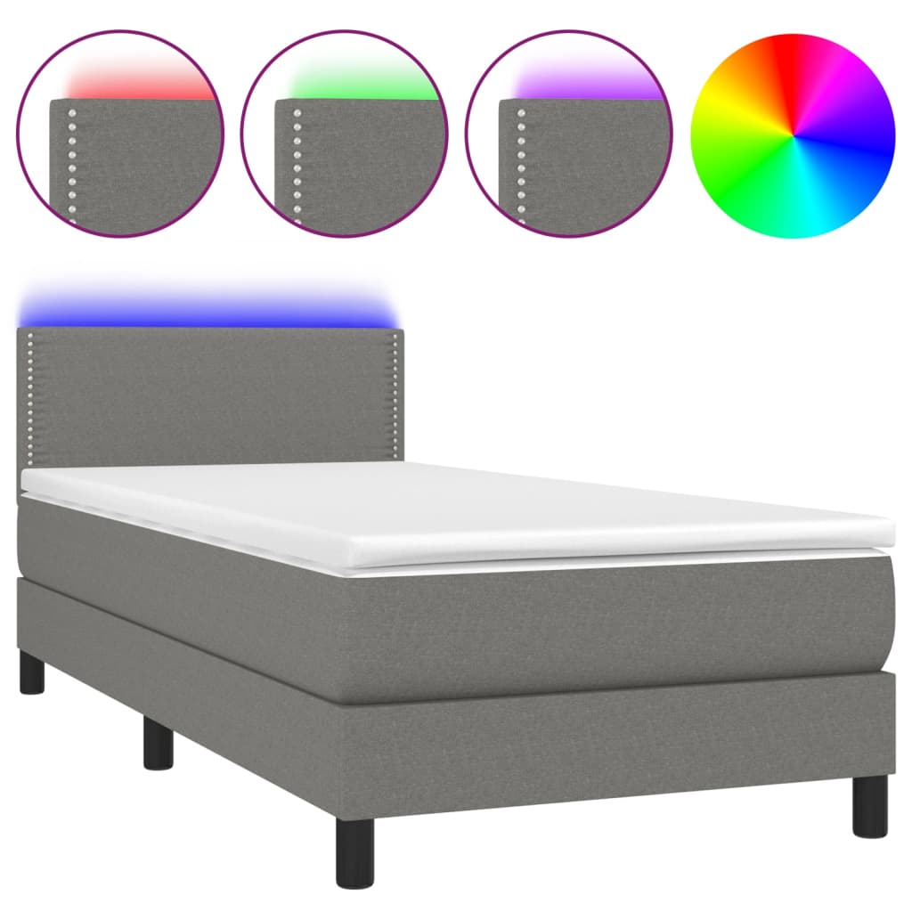 sötétszürke szövet rugós és LED-es ágy matraccal 80 x 200 cm
