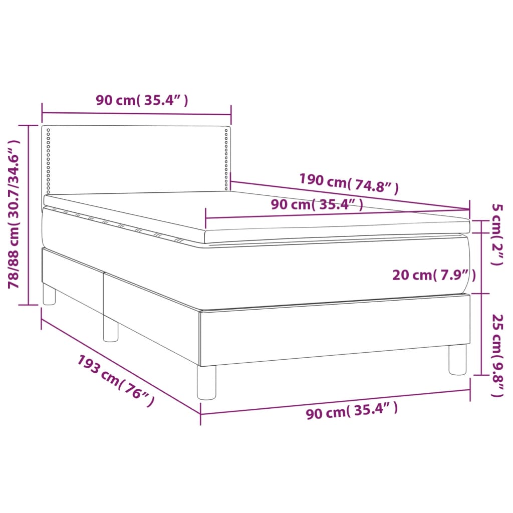 világosszürke szövet rugós és LED-es ágy matraccal 90x190 cm