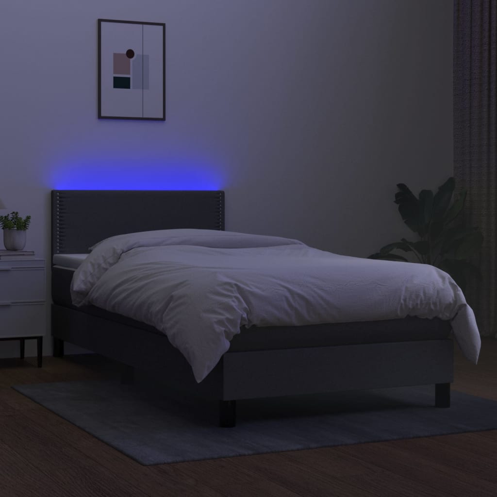 sötétszürke szövet rugós és LED-es ágy matraccal 90x190 cm