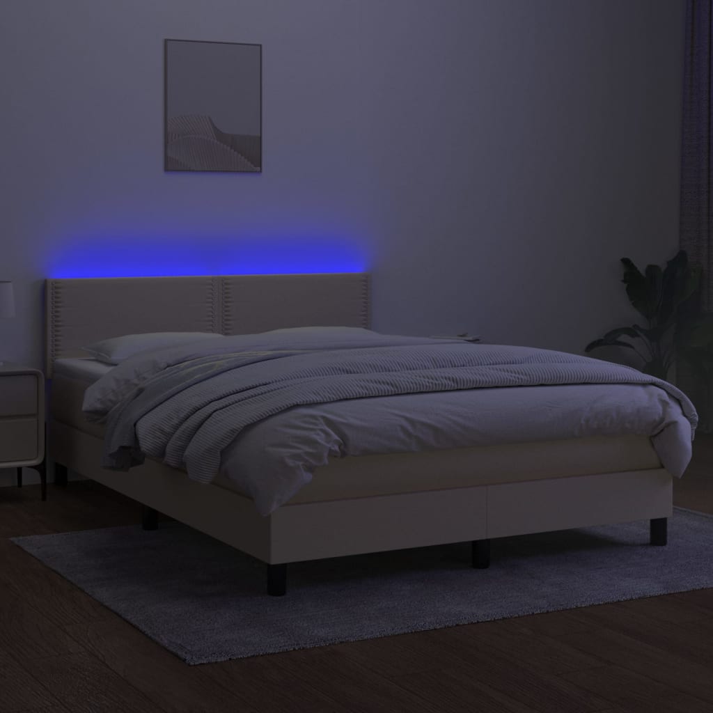 krémszínű szövet rugós és LED-es ágy matraccal 140x200 cm