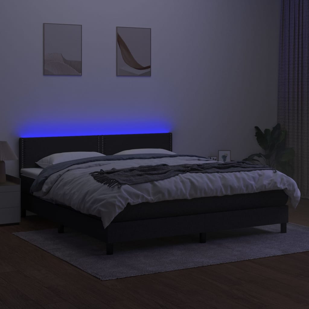 fekete szövet rugós és LED-es ágy matraccal 180 x 200 cm