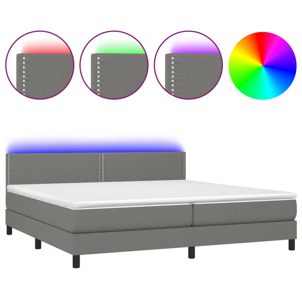sötétszürke szövet rugós és LED-es ágy matraccal 200x200 cm