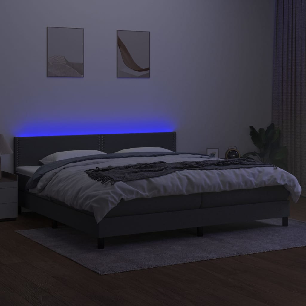 sötétszürke szövet rugós és LED-es ágy matraccal 200x200 cm
