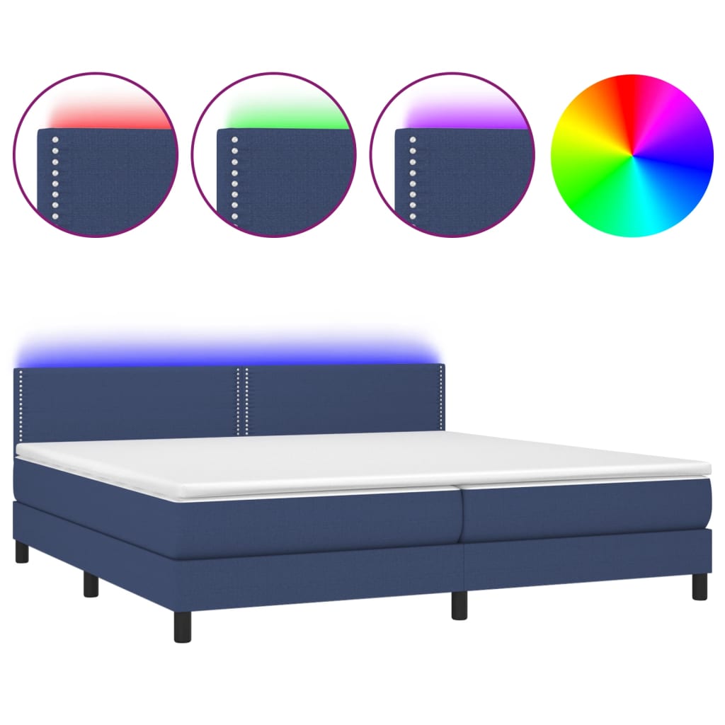 kék szövet rugós és LED-es ágy matraccal 200 x 200 cm