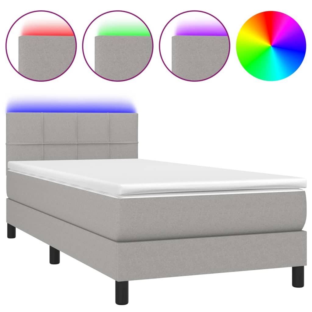 világosszürke szövet rugós és LED-es ágy matraccal 90x190 cm