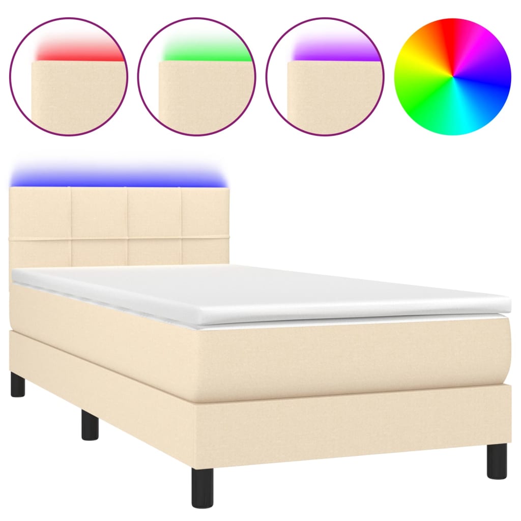 krémszínű szövet rugós és LED-es ágy matraccal 90x200 cm