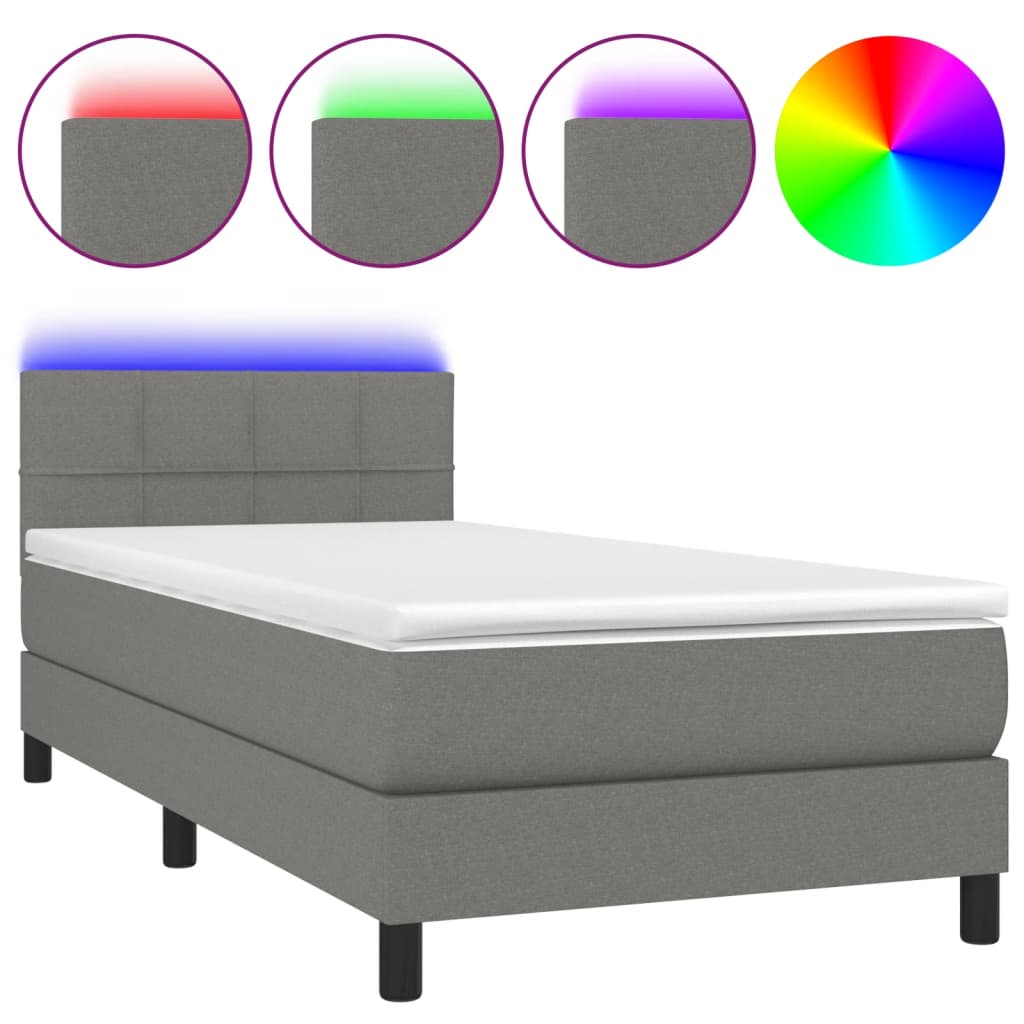 sötétszürke szövet rugós és LED-es ágy matraccal 100x200 cm