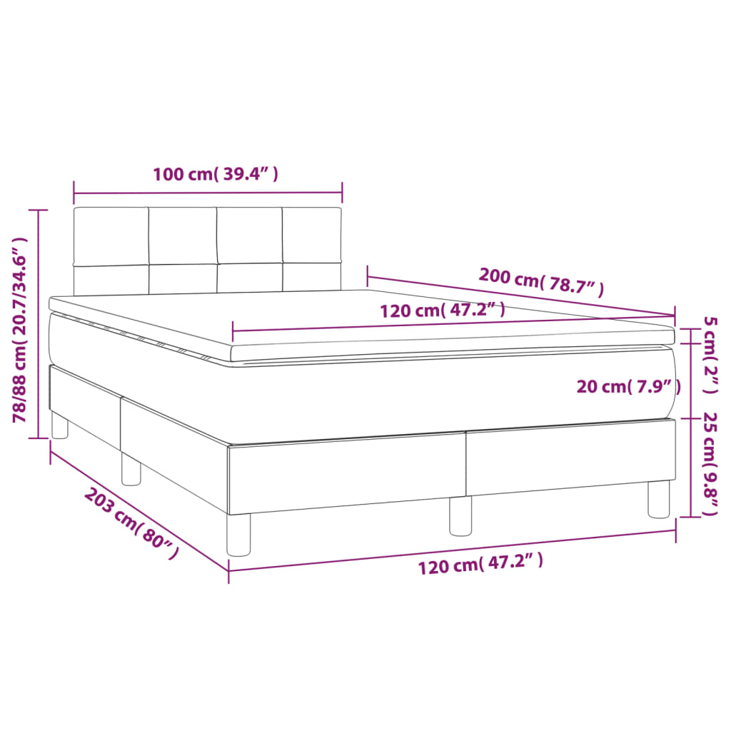 sötétszürke szövet rugós és LED-es ágy matraccal 120 x 200 cm
