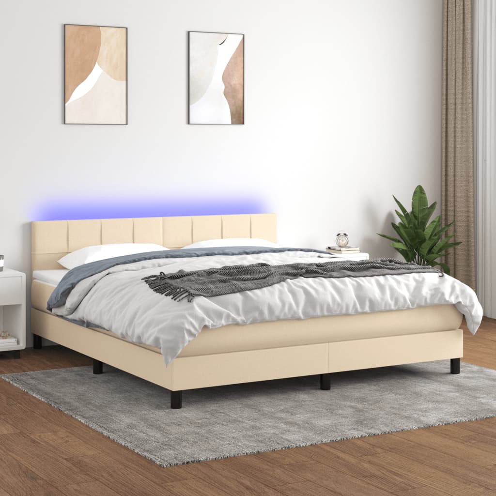 krémszínű szövet rugós és LED-es ágy matraccal 160x200 cm
