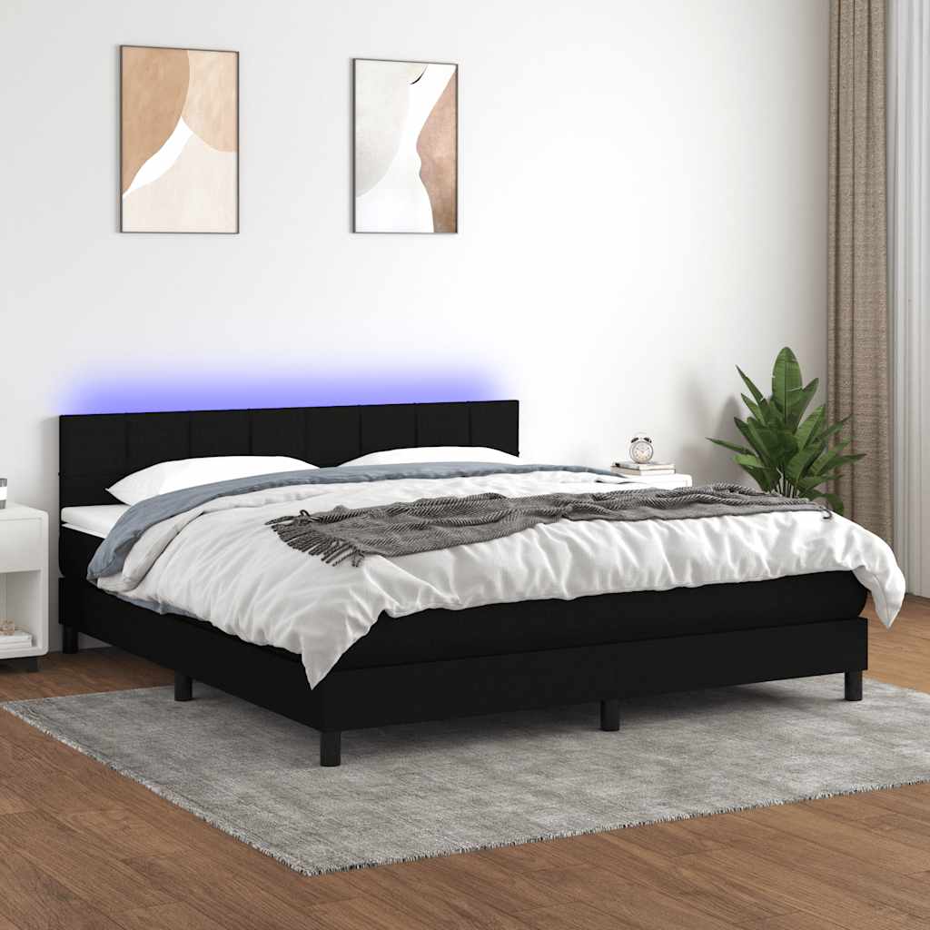 fekete szövet rugós és LED-es ágy matraccal 180 x 200 cm